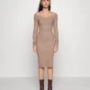 V Ausschnitt Ripp Mini Bodycon Strickkleid - Etui-Jurk - Taupe